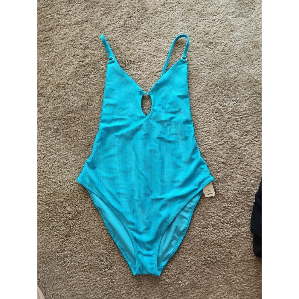 Aerie Shine Rib Keyhole One Piece Swimsuit Blue Large